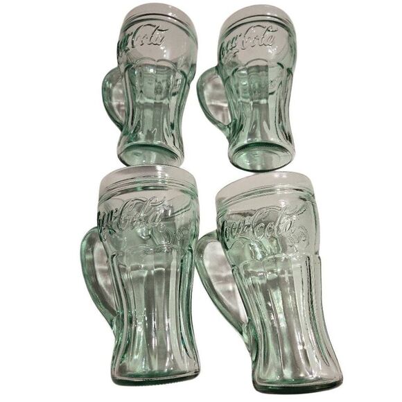 Green Tinted Coca-Cola 16 oz. Glass Mugs With Handles 6-1/2" Tall Lot Of 4 - Picture 9 of 10